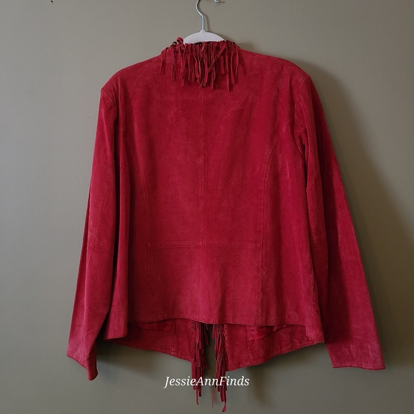 Dialogue Red Suede Leather Fringe Open Front Western Jacket Women's Size Large - Picture 2 of 5